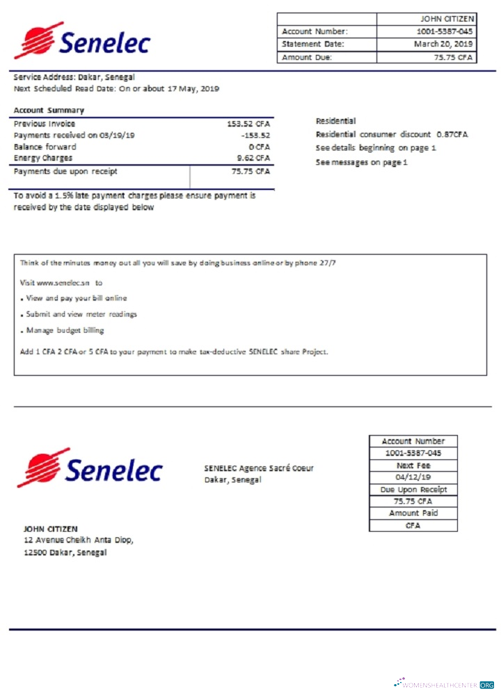 Senegal Senelec Agence Sacré Coeur Company electricity utility bill template in Word and PDF format